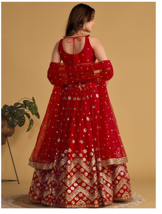 Red Bridal Party Wear Lehenga Choli with Dupatta | Heavy Embroidered Indian Wedding Outfit