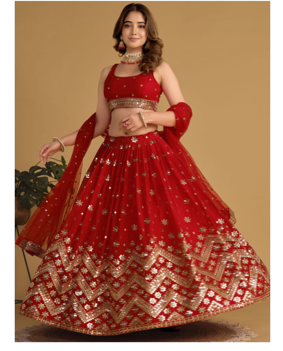 Red Bridal Party Wear Lehenga Choli with Dupatta | Heavy Embroidered Indian Wedding Outfit