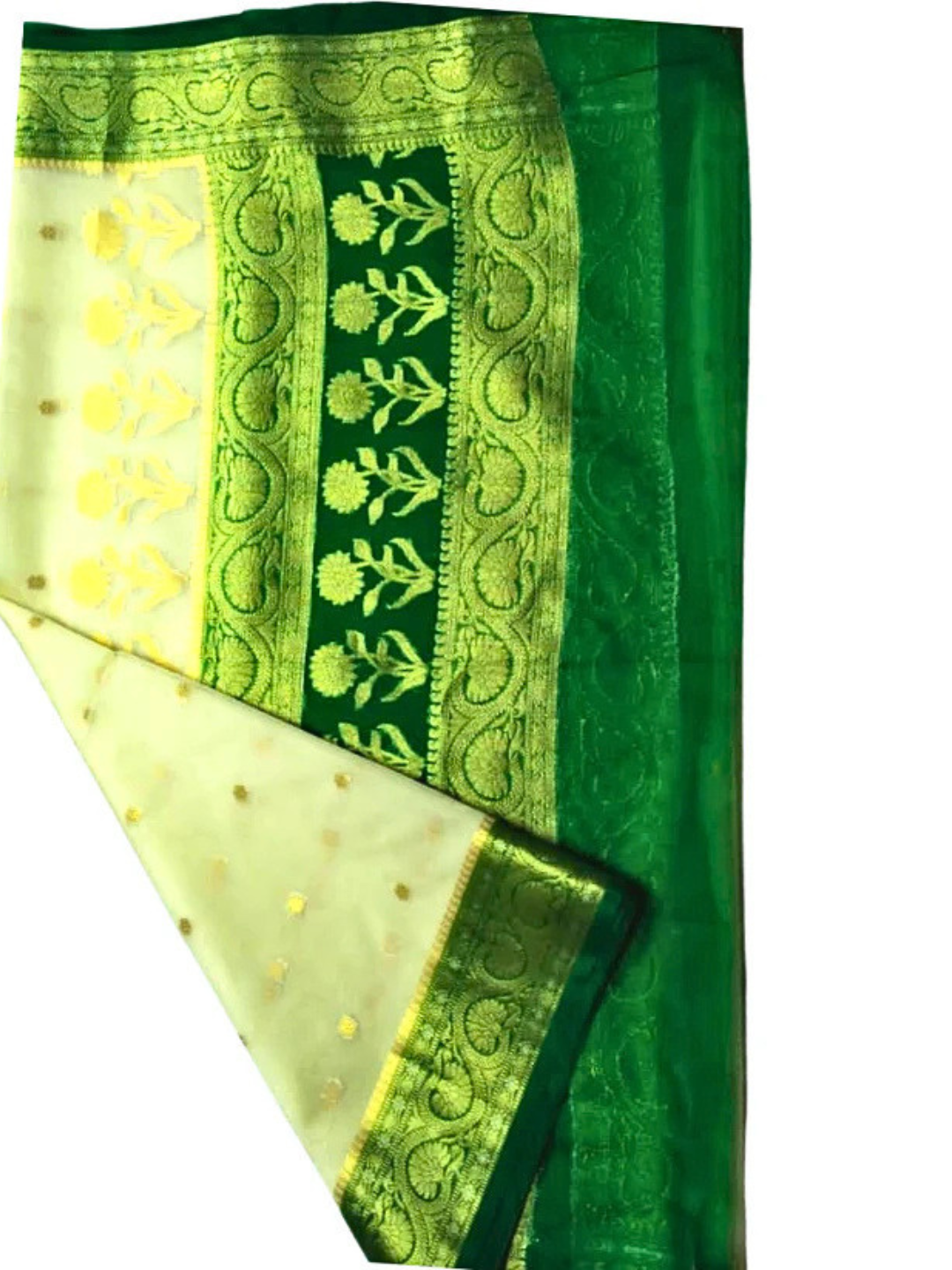 Off-White & Green Banarasi Organza Saree with Zari Border – Perfect for Summer Weddings