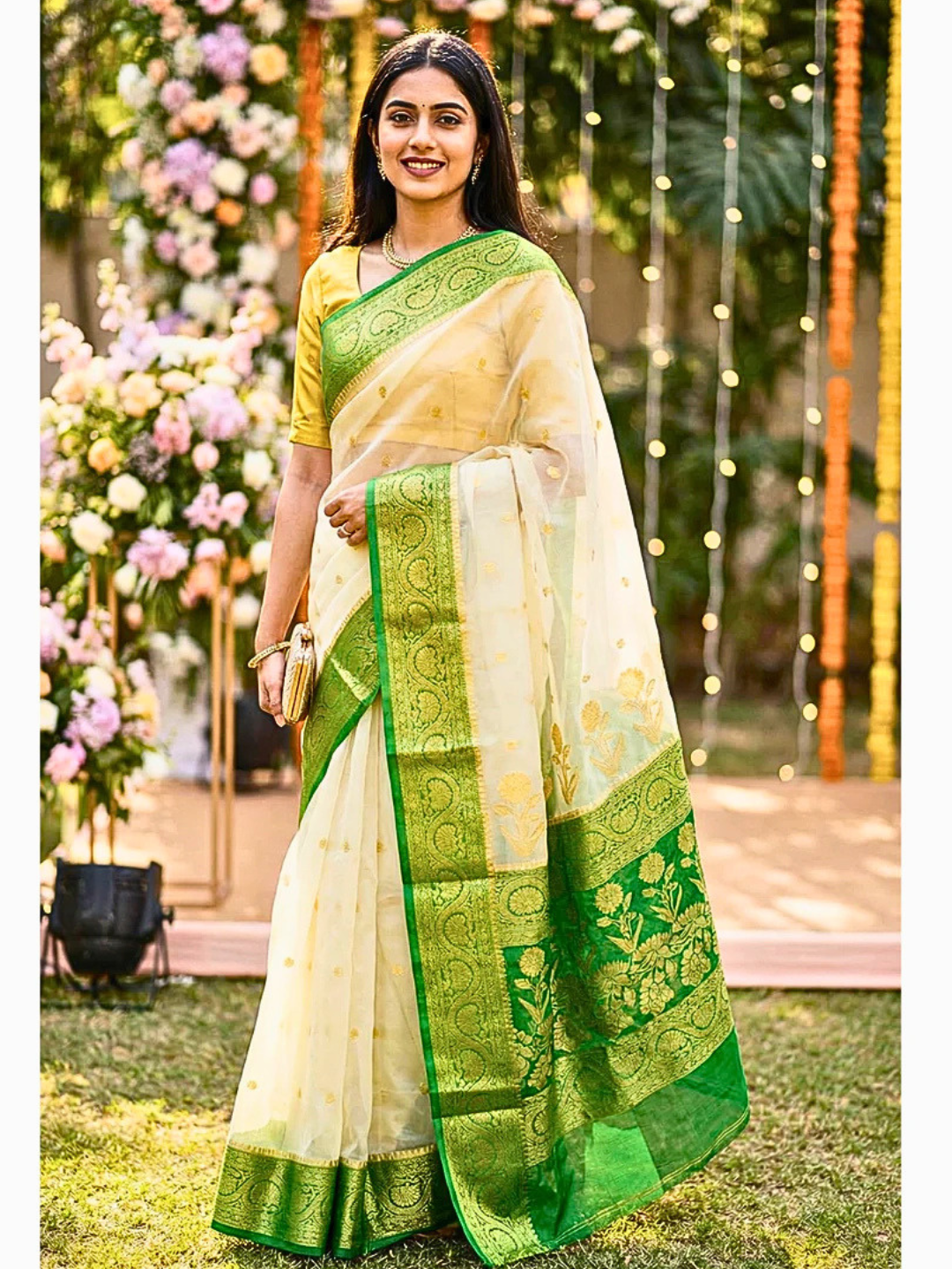 Off-White & Green Banarasi Organza Saree with Zari Border – Perfect for Summer Weddings