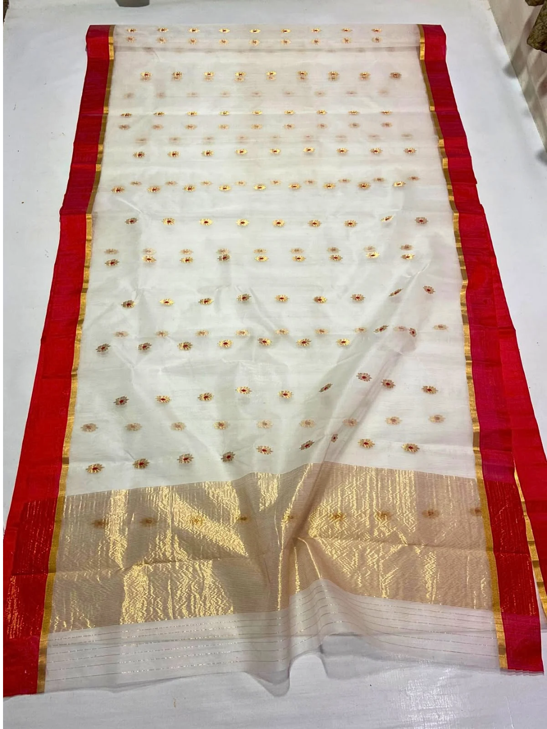 White Red Silk Chanderi Saree for Durga Puja | Bengali Saree