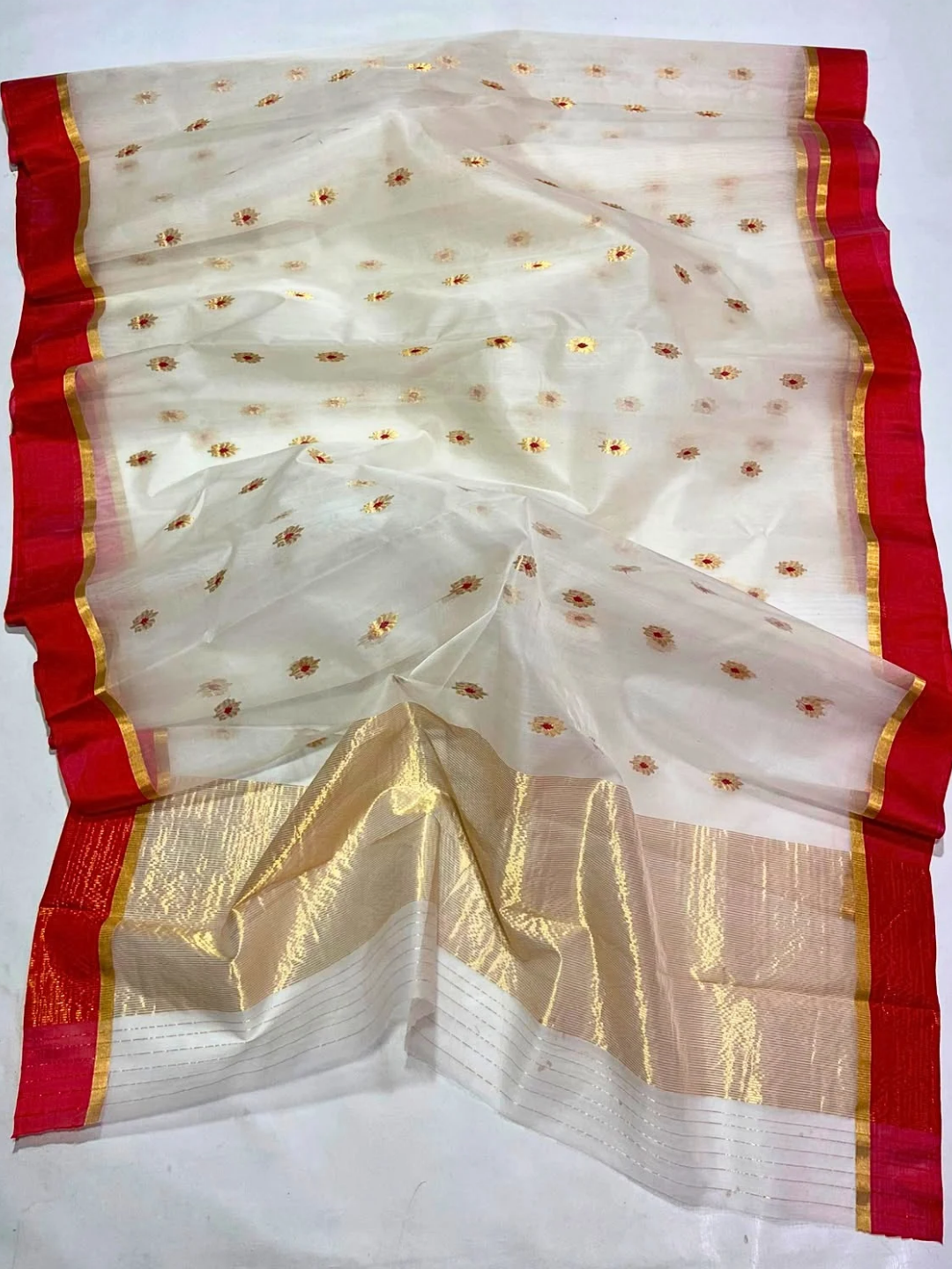 White Red Silk Chanderi Saree for Durga Puja | Bengali Saree