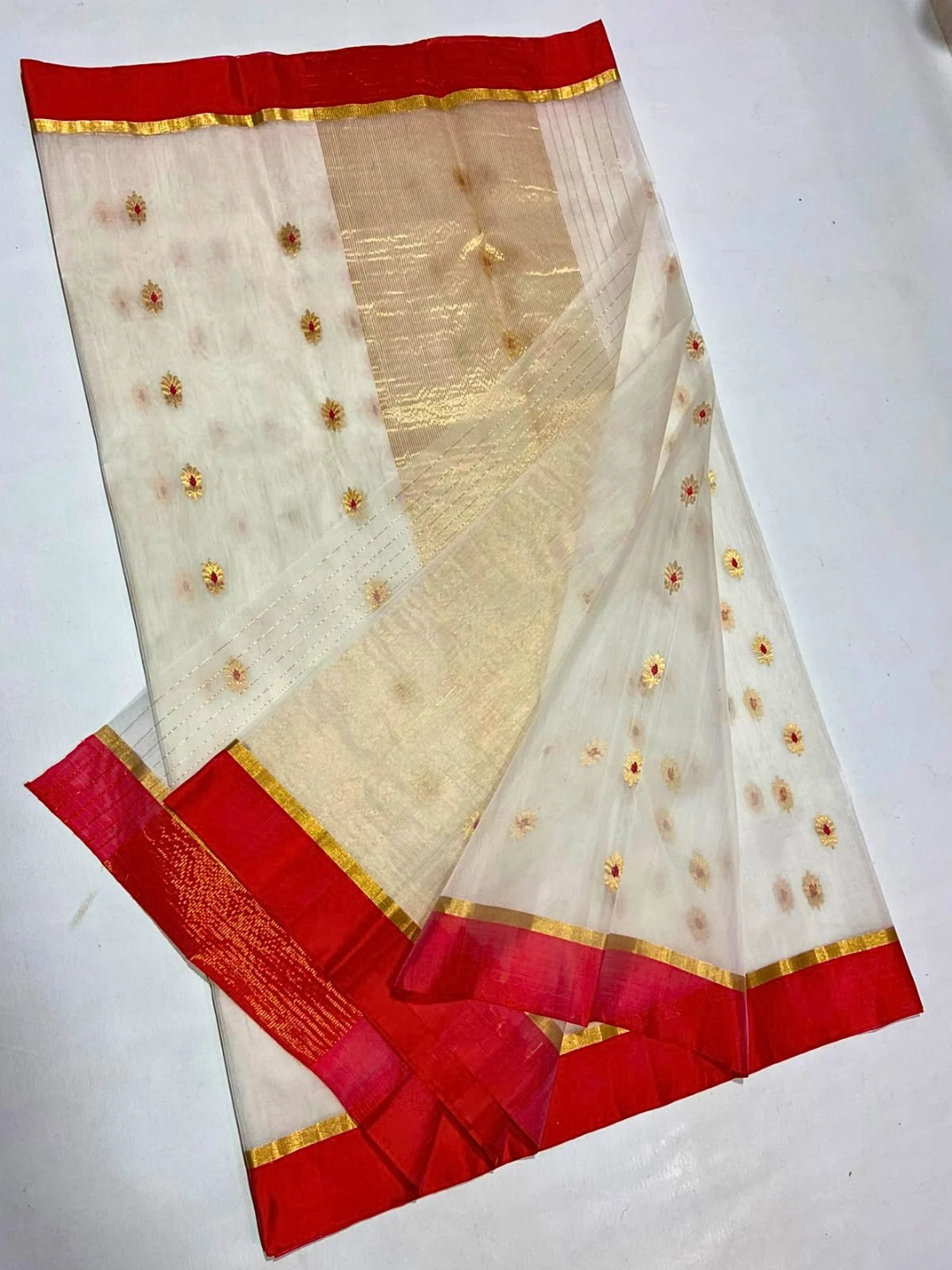 White Red Silk Chanderi Saree for Durga Puja | Bengali Saree