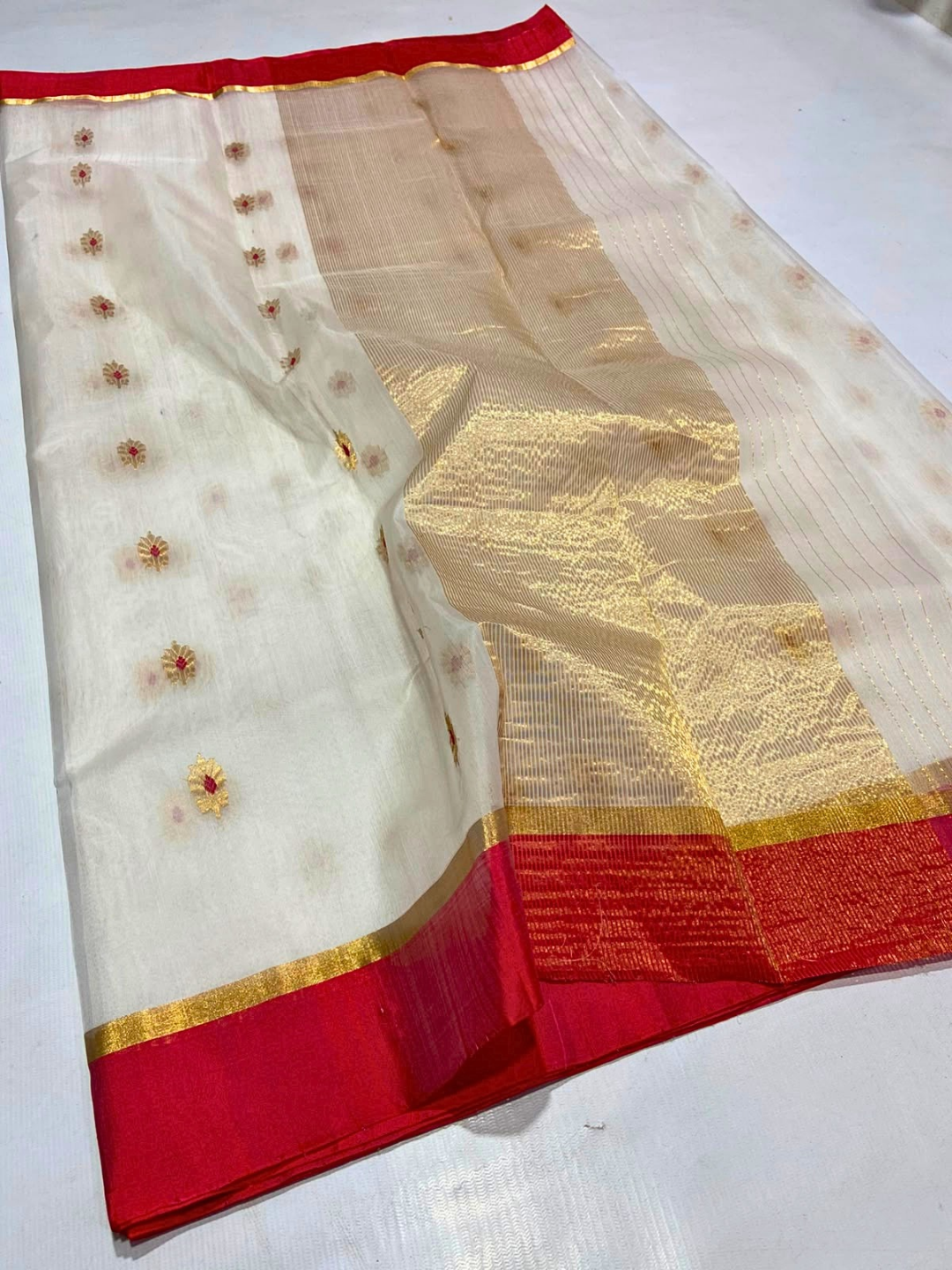 White Red Silk Chanderi Saree for Durga Puja | Bengali Saree