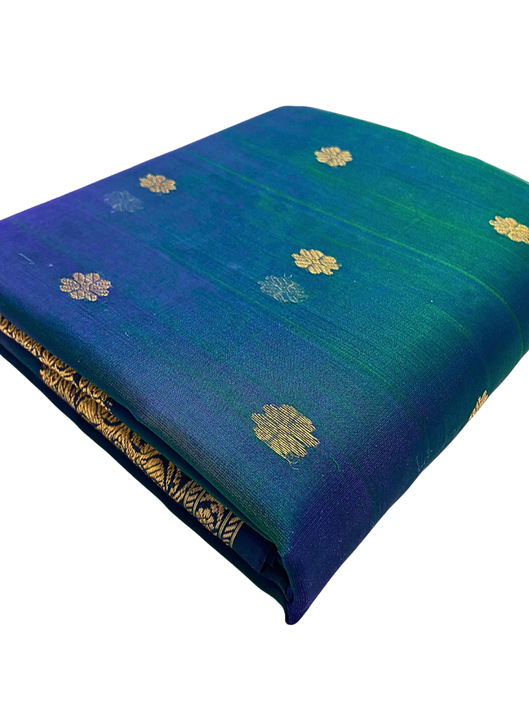 Pure Silk Chanderi Saree in Blue Green Dual Tone with Gold Zari | Wedding & Festive Wear