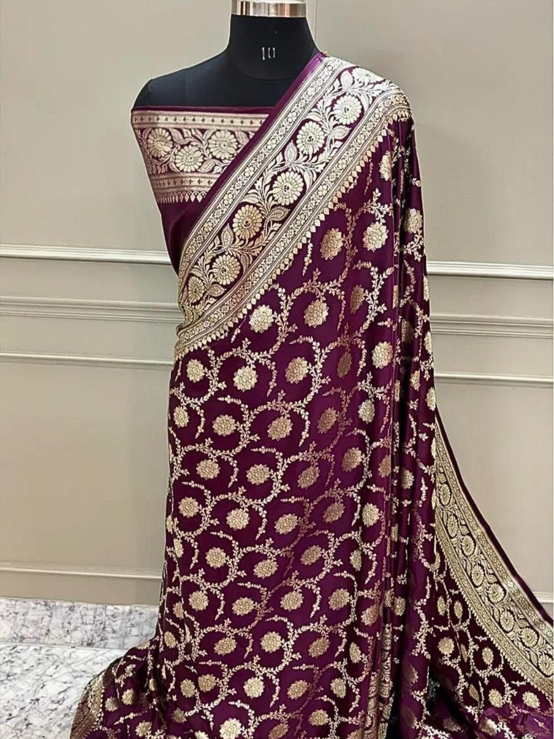 Mashru Silk Banarasi Saree with Rich Floral Zari Border | Wedding & Festive Wear