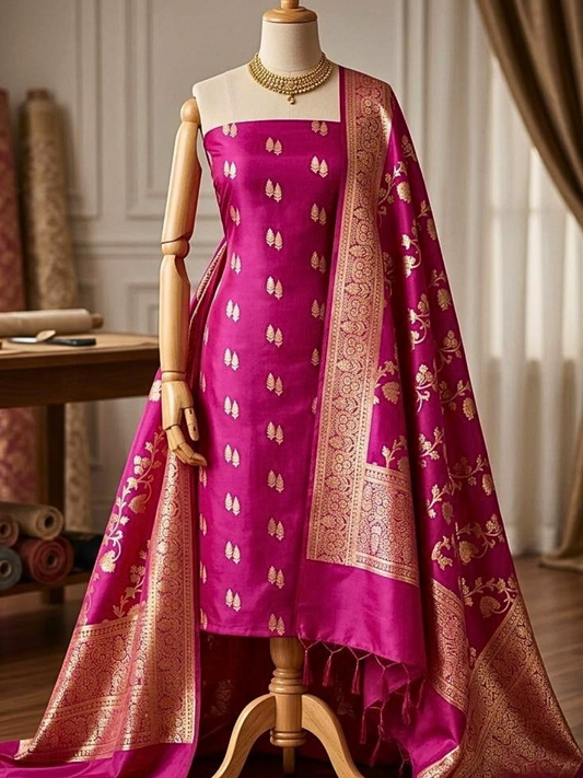 Banarasi Silk Blend Unstitched Suit Set for Women | Festive & Wedding Wear with Banarasi Dupatta