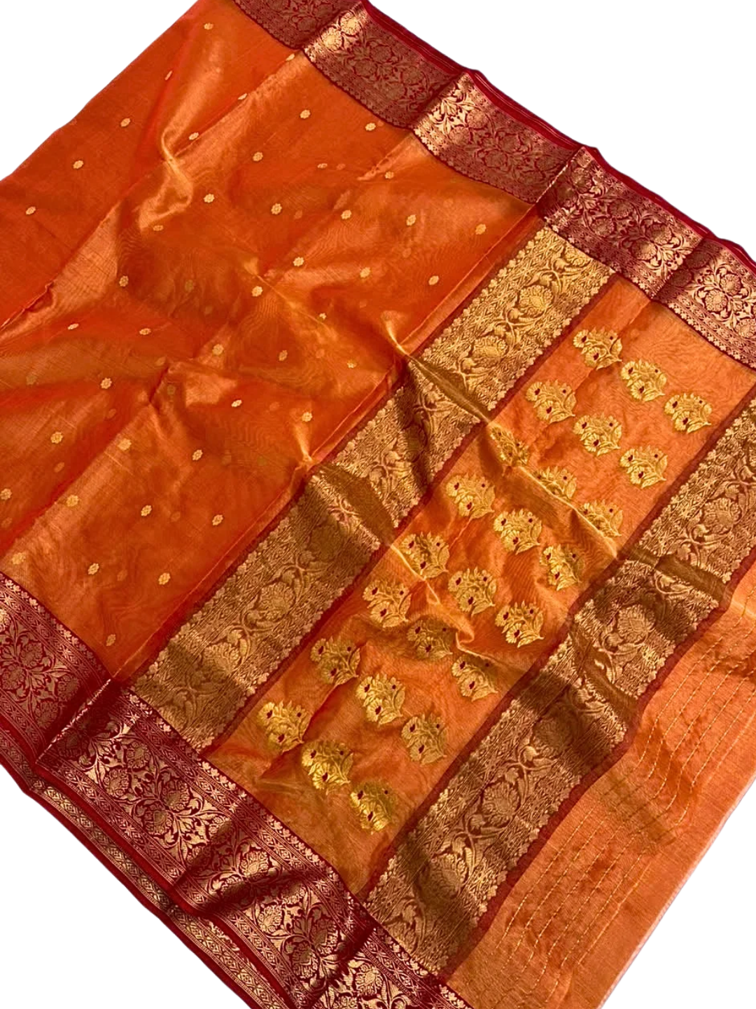 Pure Silk Chanderi Saree in Rust Orange with Zari Bootis & Maroon Gold Floral Border