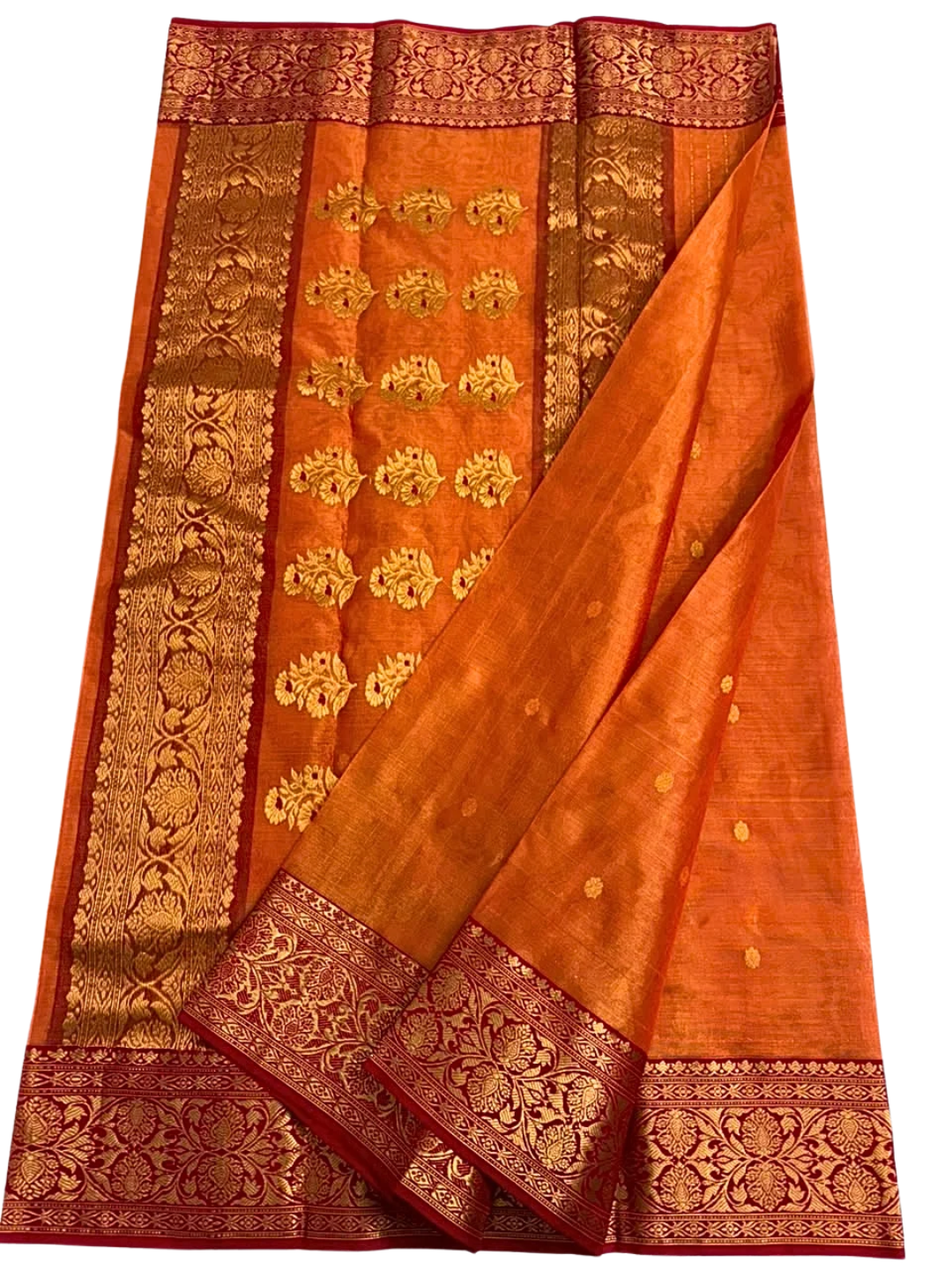 Pure Silk Chanderi Saree in Rust Orange with Zari Bootis & Maroon Gold Floral Border