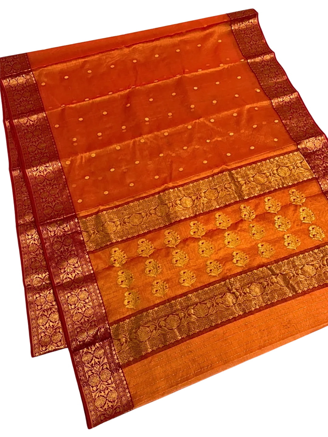Pure Silk Chanderi Saree in Rust Orange with Zari Bootis & Maroon Gold Floral Border