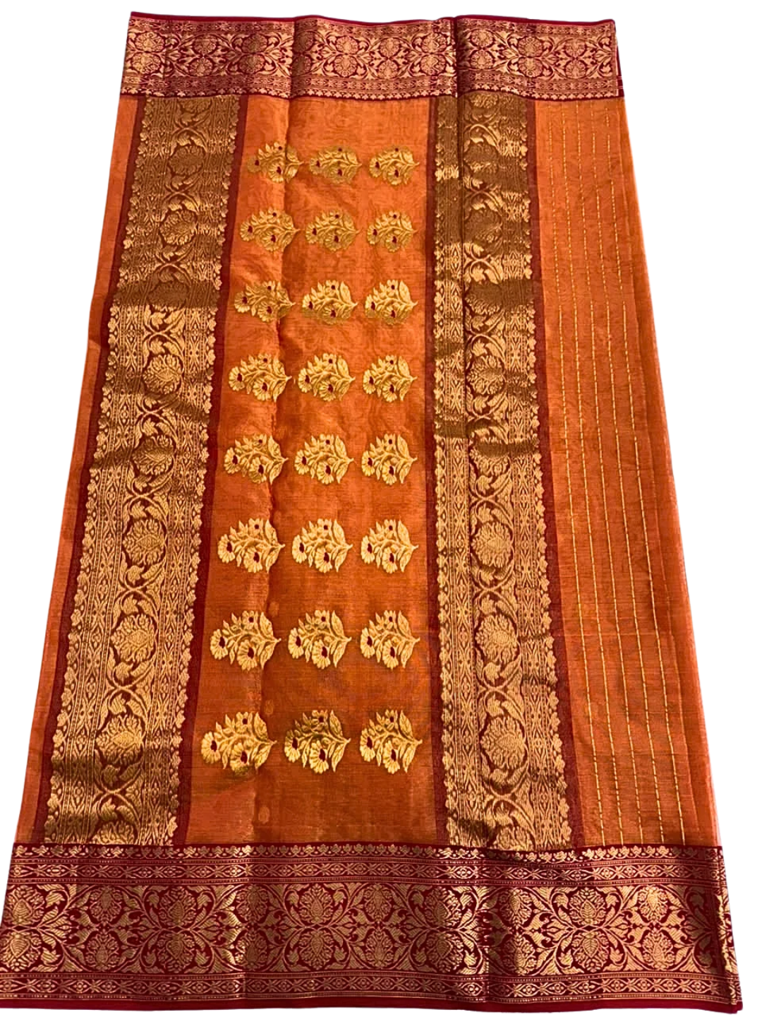 Pure Silk Chanderi Saree in Rust Orange with Zari Bootis & Maroon Gold Floral Border