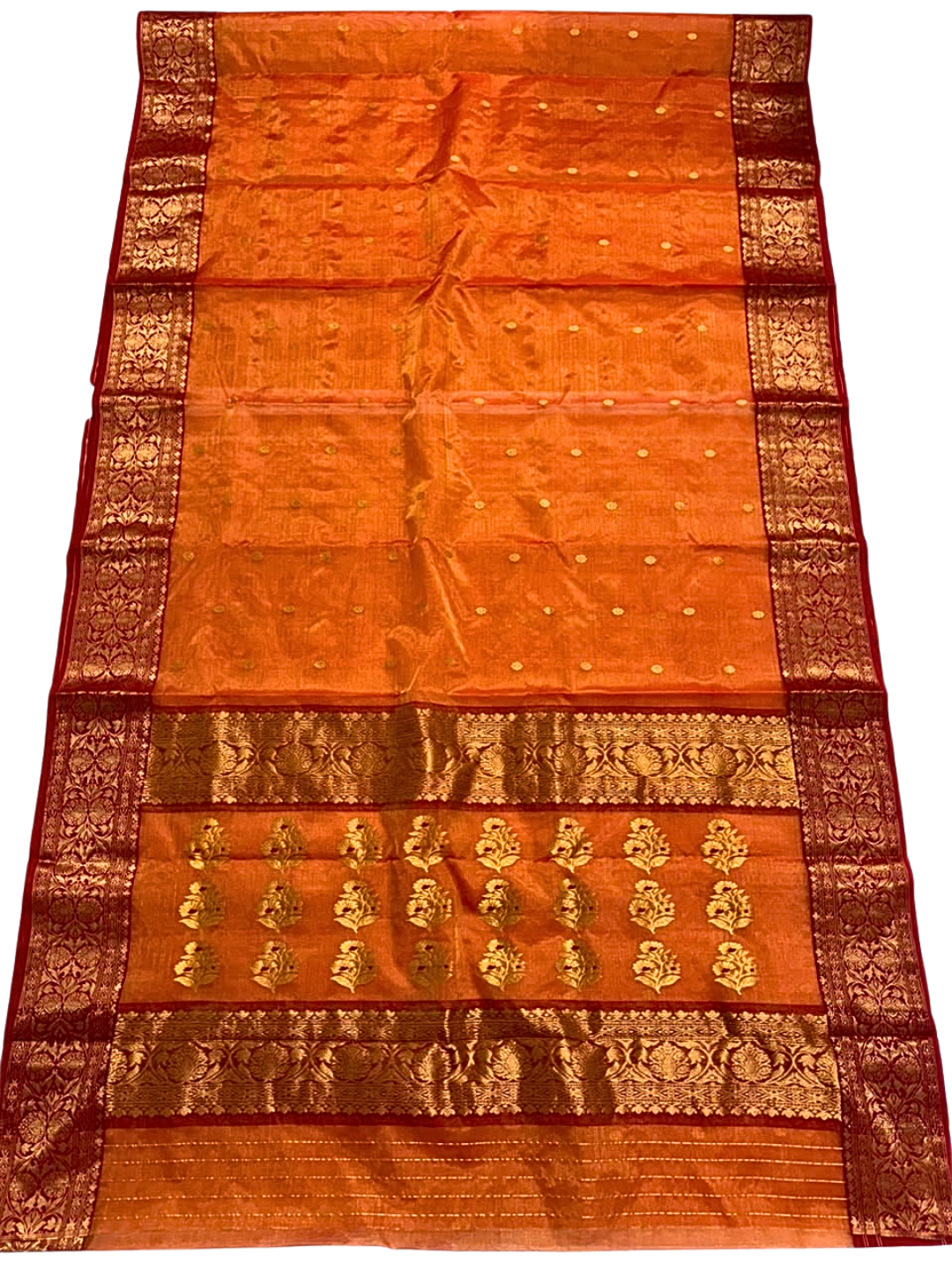 Pure Silk Chanderi Saree in Rust Orange with Zari Bootis & Maroon Gold Floral Border