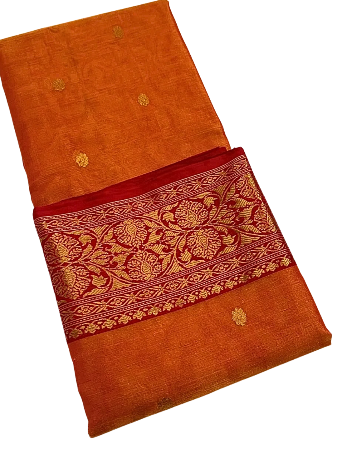 Pure Silk Chanderi Saree in Rust Orange with Zari Bootis & Maroon Gold Floral Border
