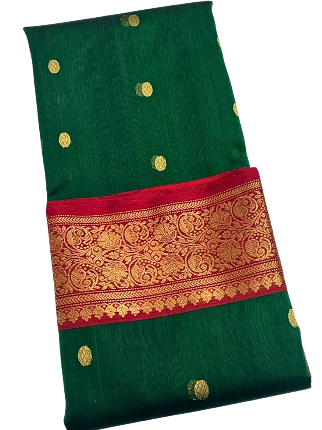 Green Chanderi Silk Saree with Red  and  Gold Zari Border