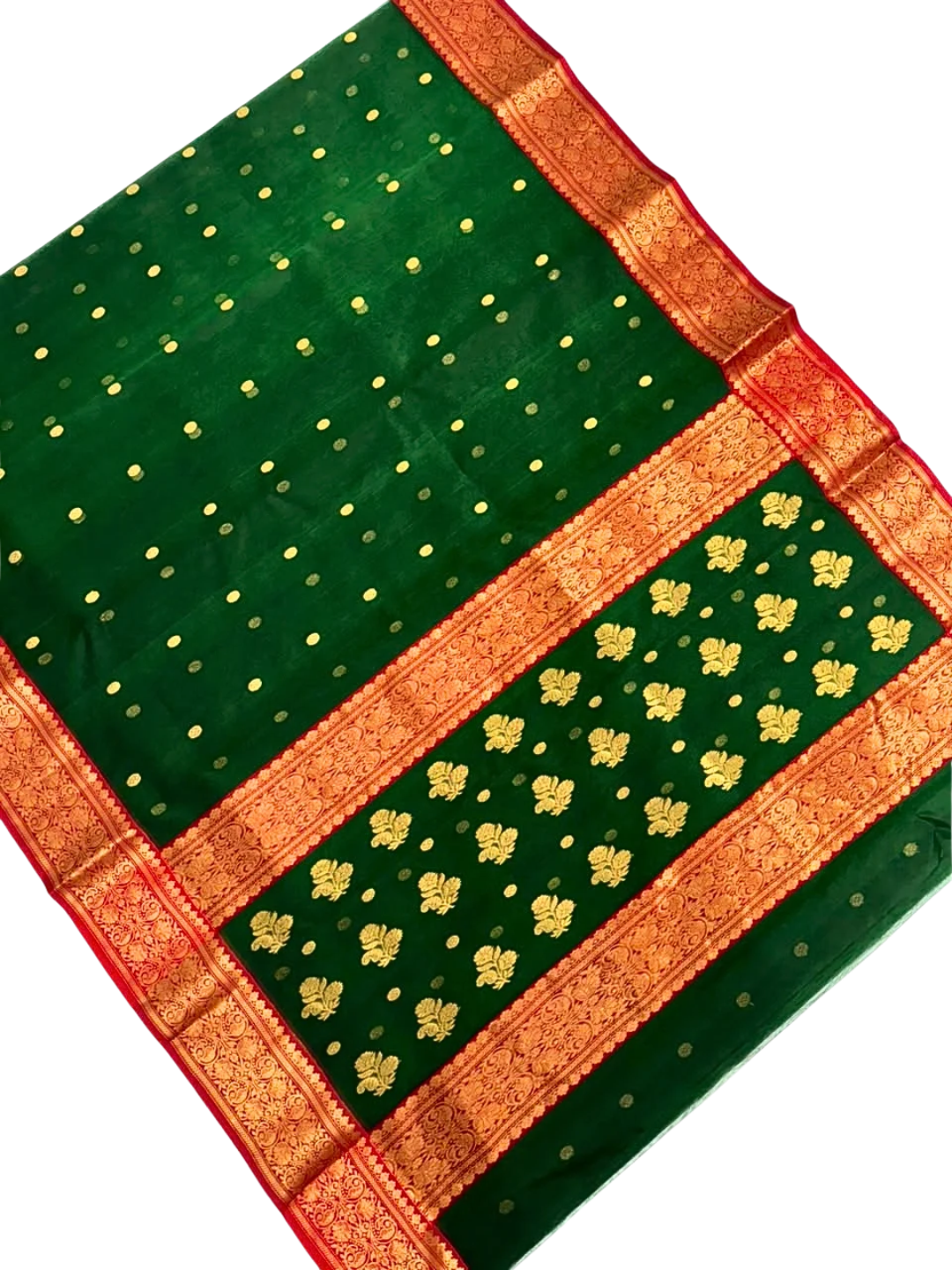 Green Chanderi Silk Saree with Red  and  Gold Zari Border
