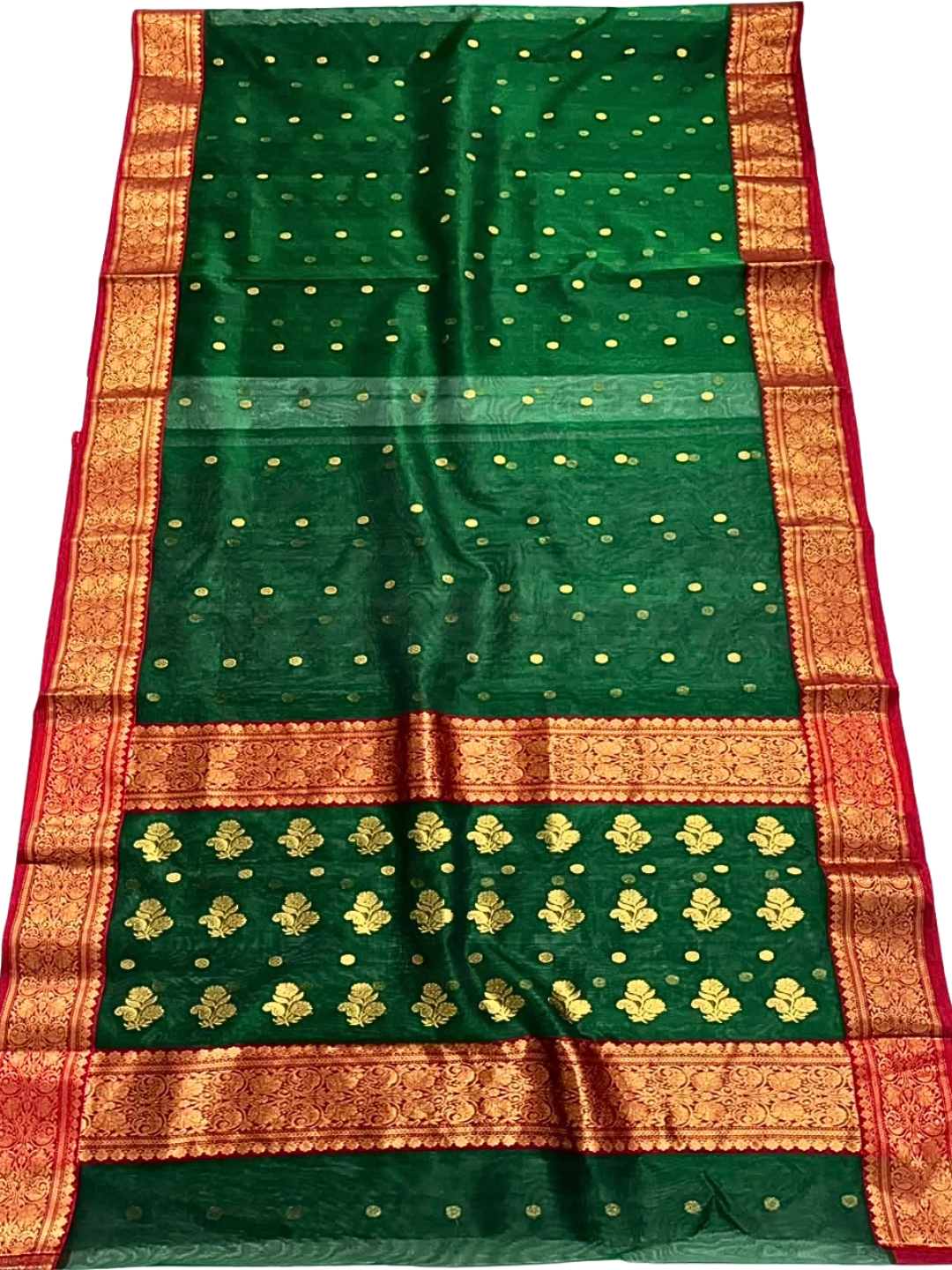 Green Chanderi Silk Saree with Red  and  Gold Zari Border