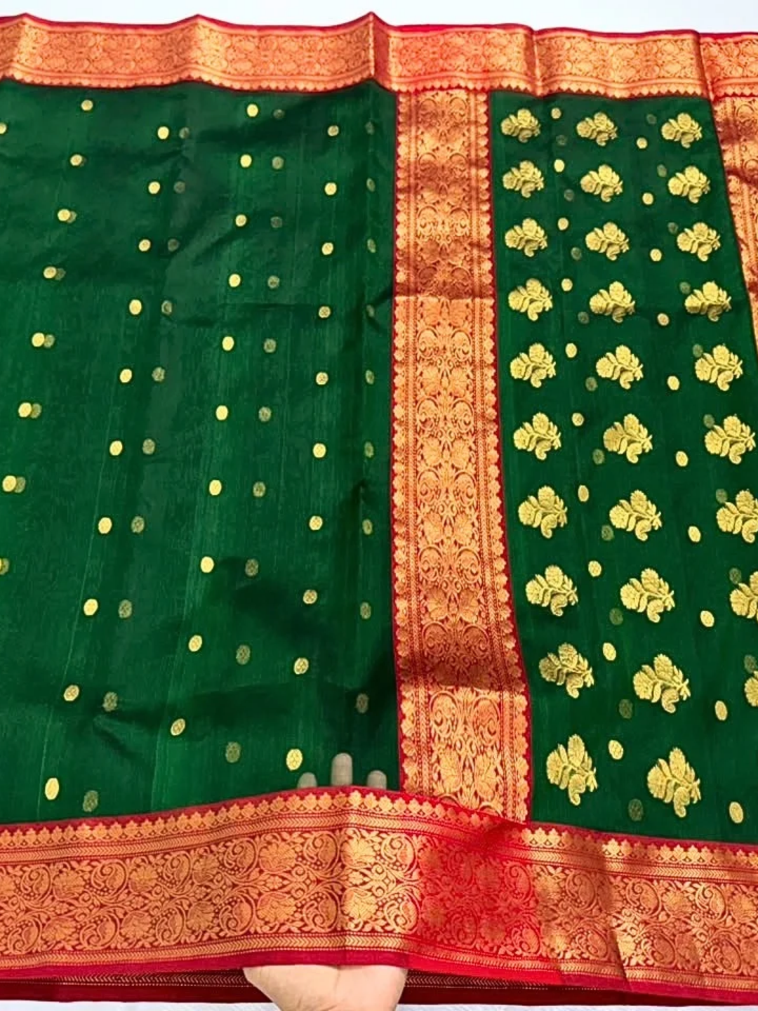 Green Chanderi Silk Saree with Red  and  Gold Zari Border