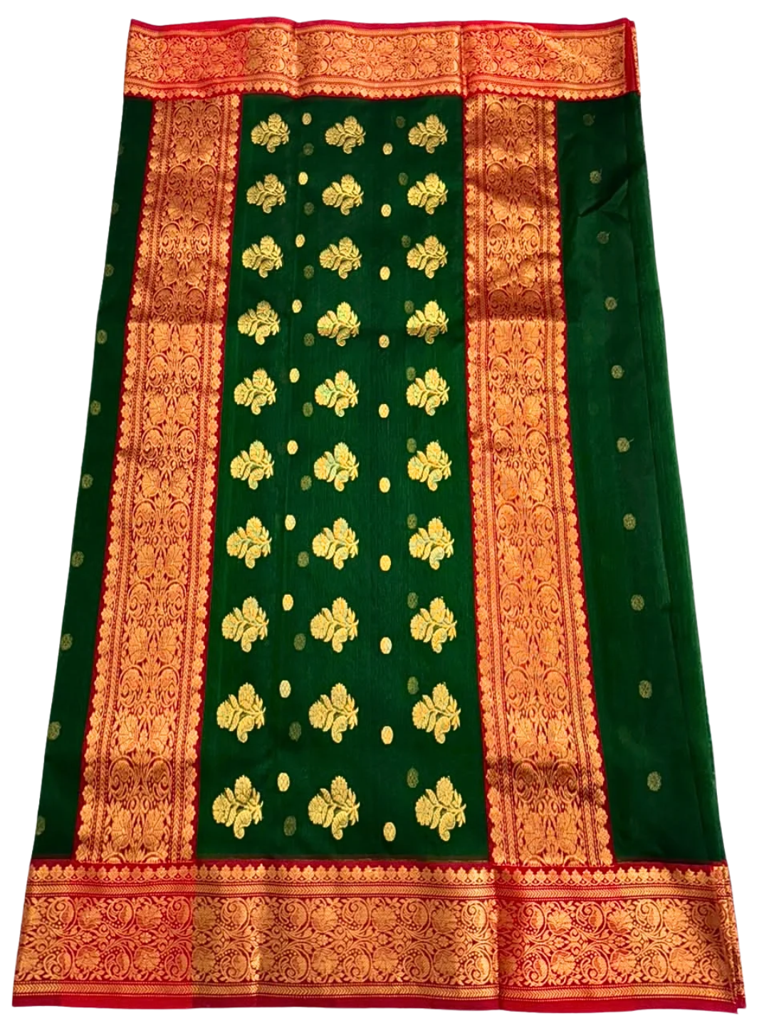 Green Chanderi Silk Saree with Red  and  Gold Zari Border