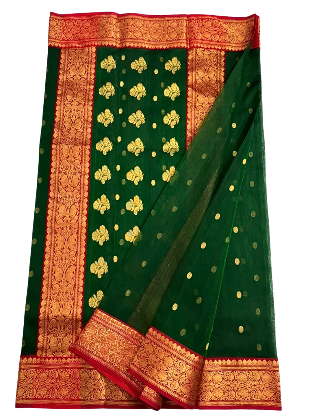 Green Chanderi Silk Saree with Red  and  Gold Zari Border