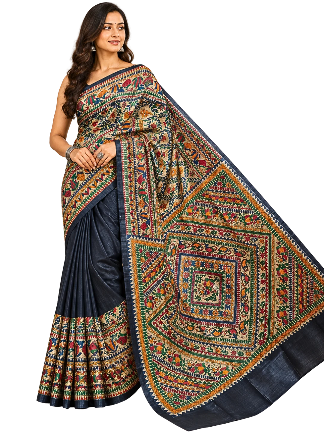 Sari Madhubani en pure soie tussah noire