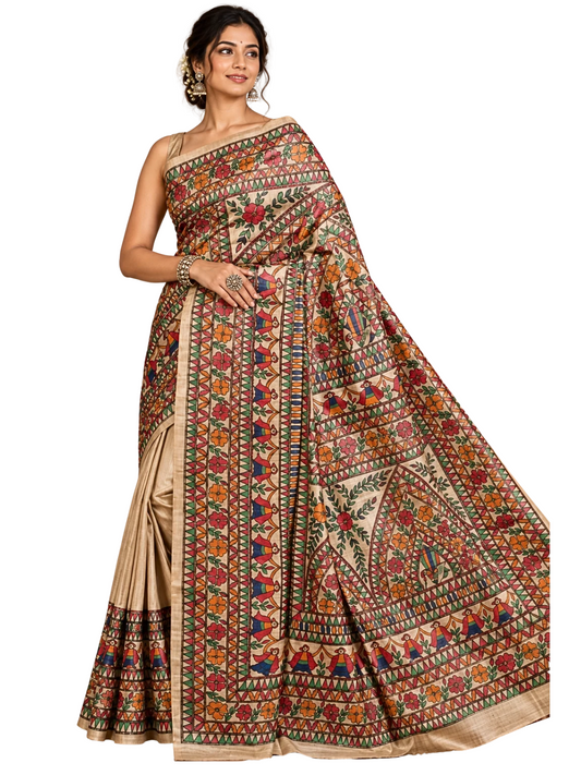 Beige Pure Tussar Silk Madhubani Saree