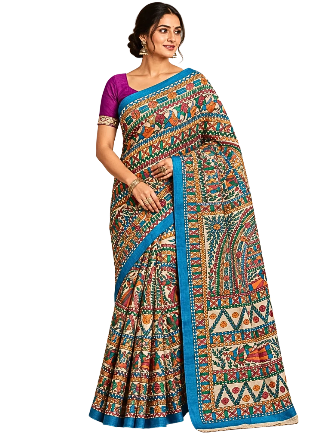 Blå Ren Tussar Silke Madhubani Saree