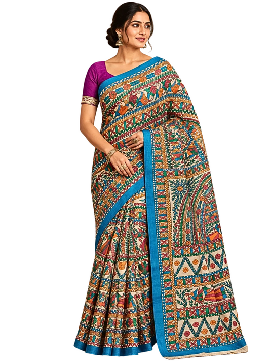 Blue Pure Tussar Silk Madhubani Saree