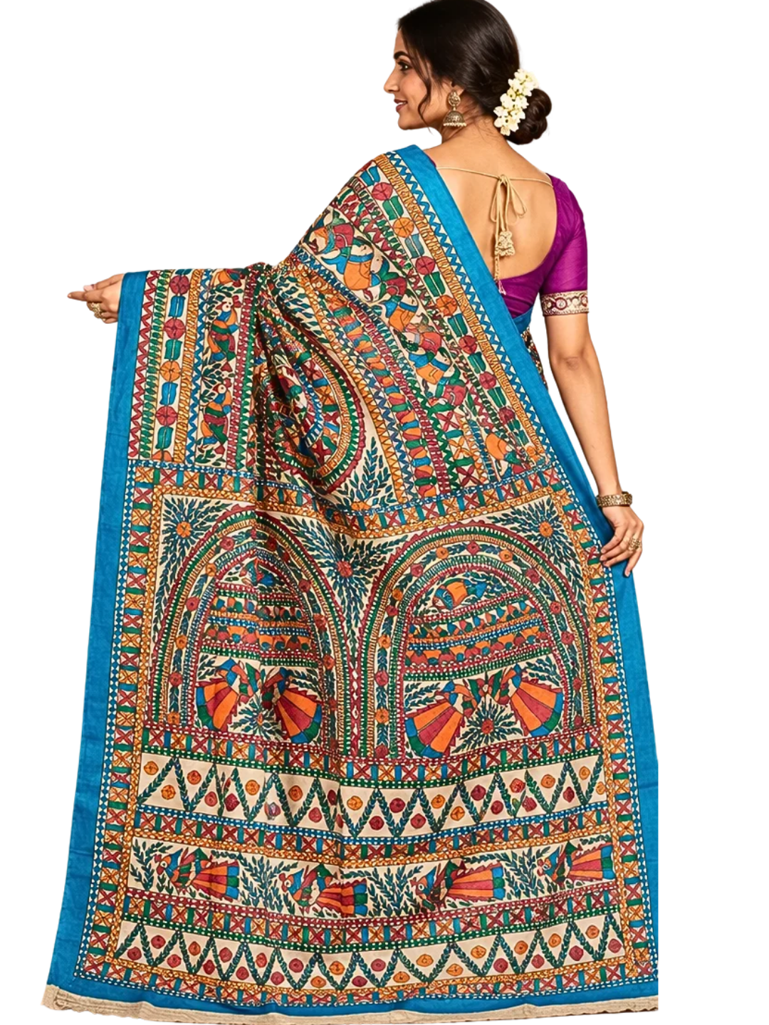 Blå Ren Tussar Silke Madhubani Saree