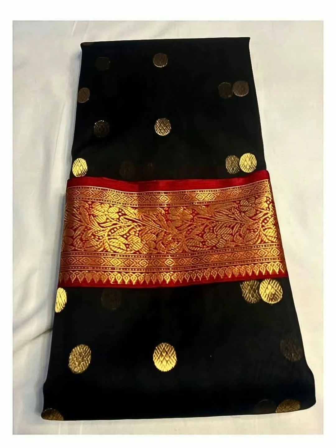 Black and Gold Silk Chanderi Saree with Red Zari Border | Festive & Wedding Wear