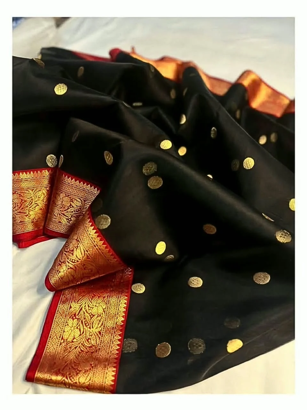 Black and Gold Silk Chanderi Saree with Red Zari Border | Festive & Wedding Wear