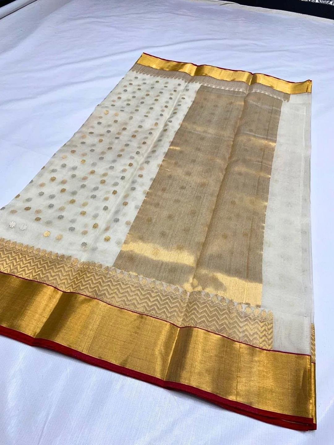 Ivory Gold Silk Chanderi Saree  | Day Wedding & Festive Wear