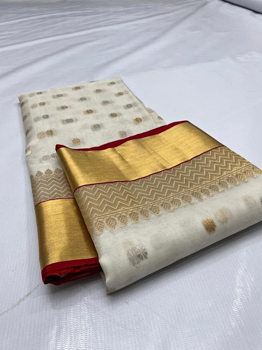 Ivory Gold Silk Chanderi Saree  | Day Wedding & Festive Wear