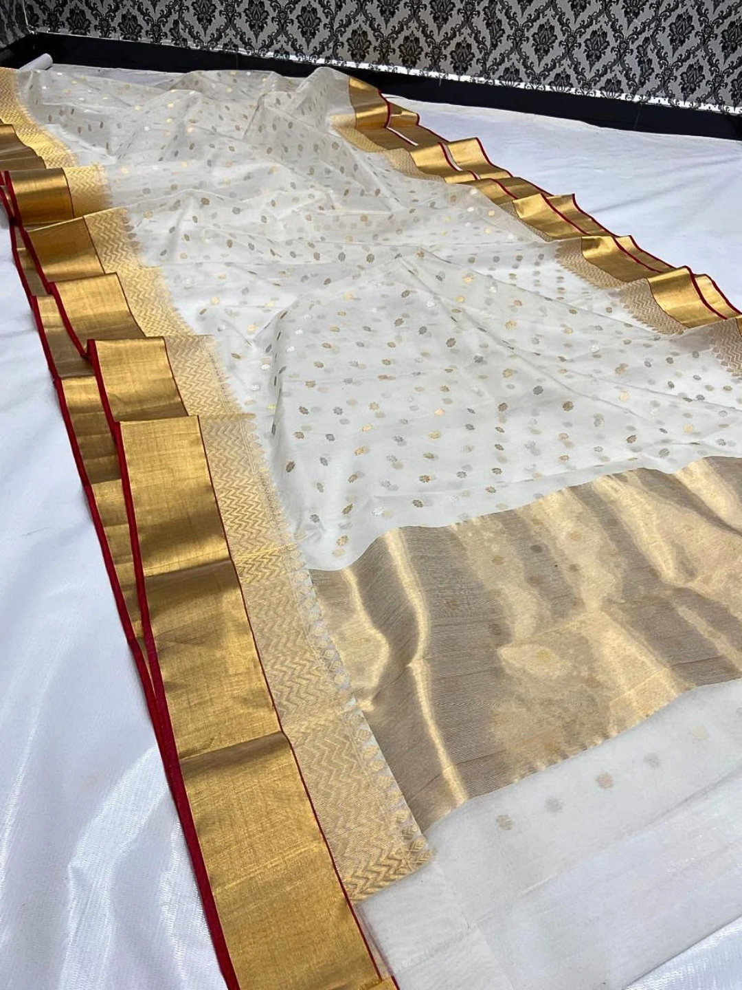 Ivory Gold Silk Chanderi Saree  | Day Wedding & Festive Wear