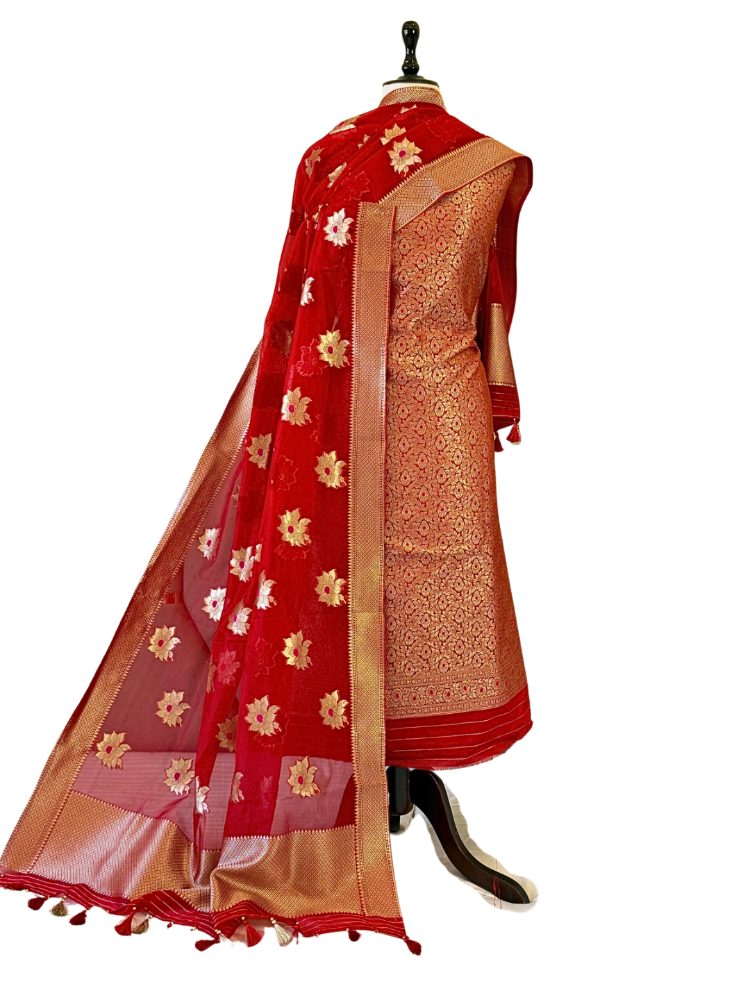 Banarasi Silk Blend Unstitched Suit Set with Zari Organza Dupatta