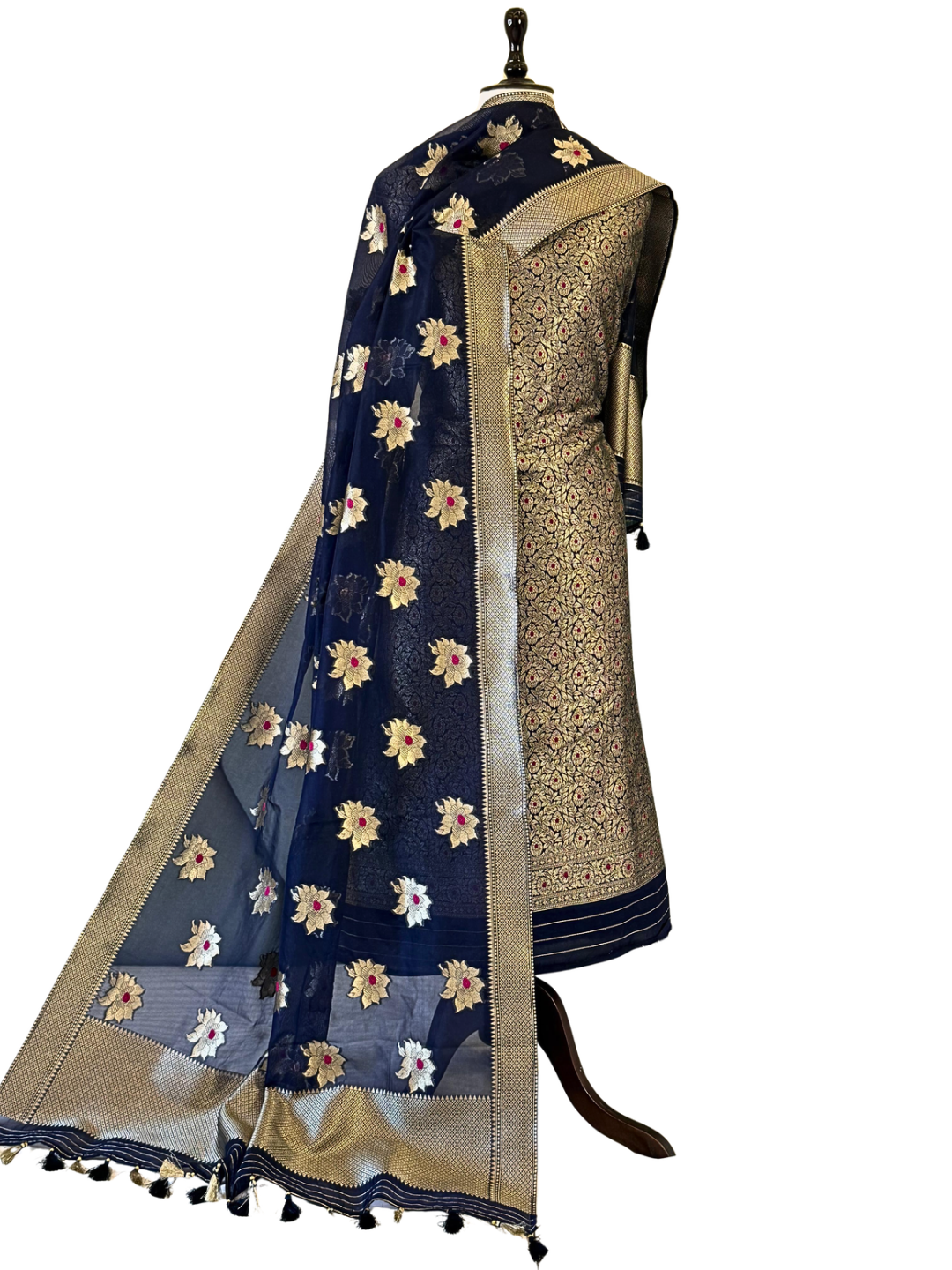 Banarasi Silk Blend Unstitched Suit Set with Zari Organza Dupatta