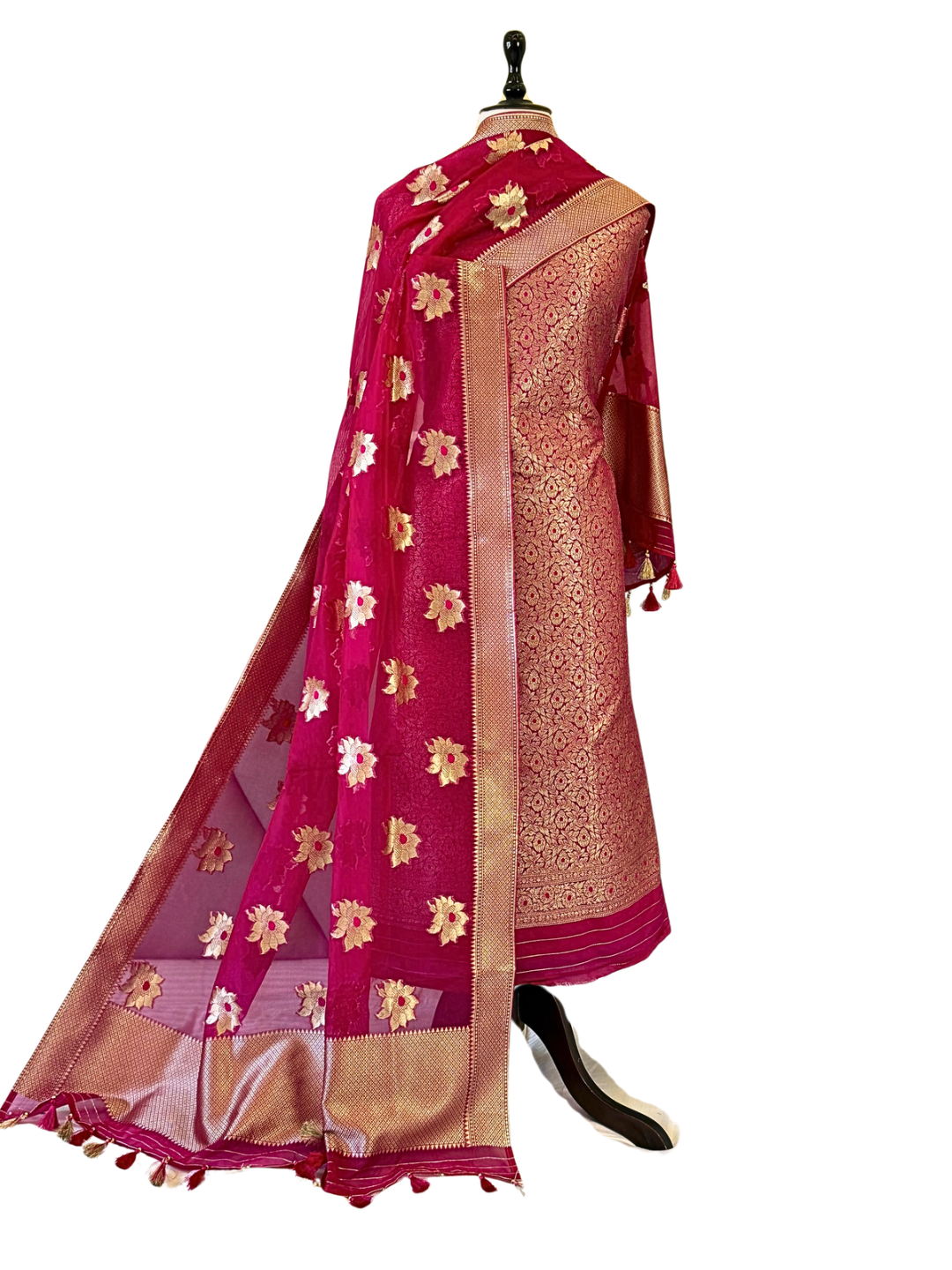 Banarasi Silk Blend Unstitched Suit Set with Zari Organza Dupatta