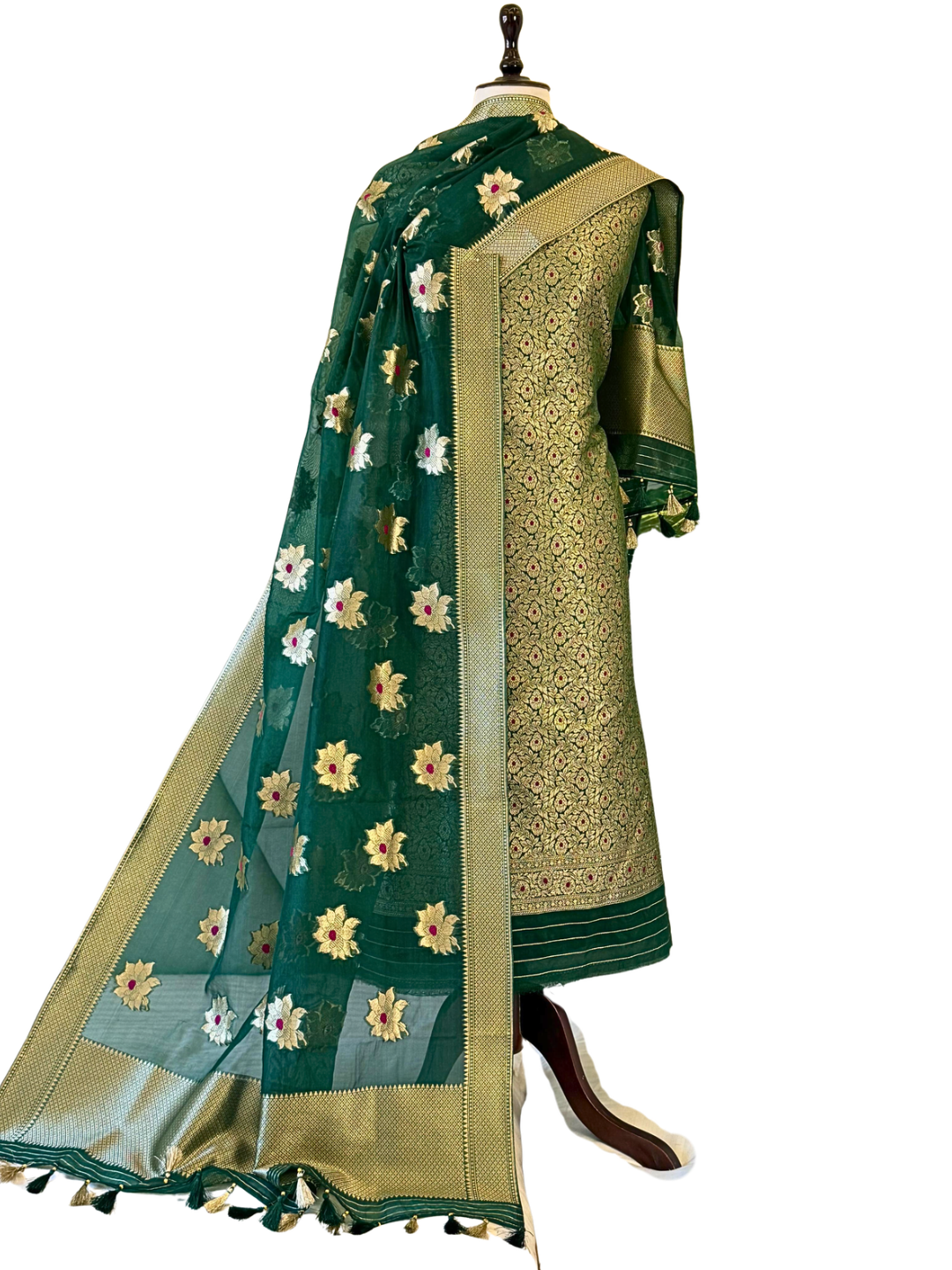 Banarasi Silk Blend Unstitched Suit Set with Zari Organza Dupatta