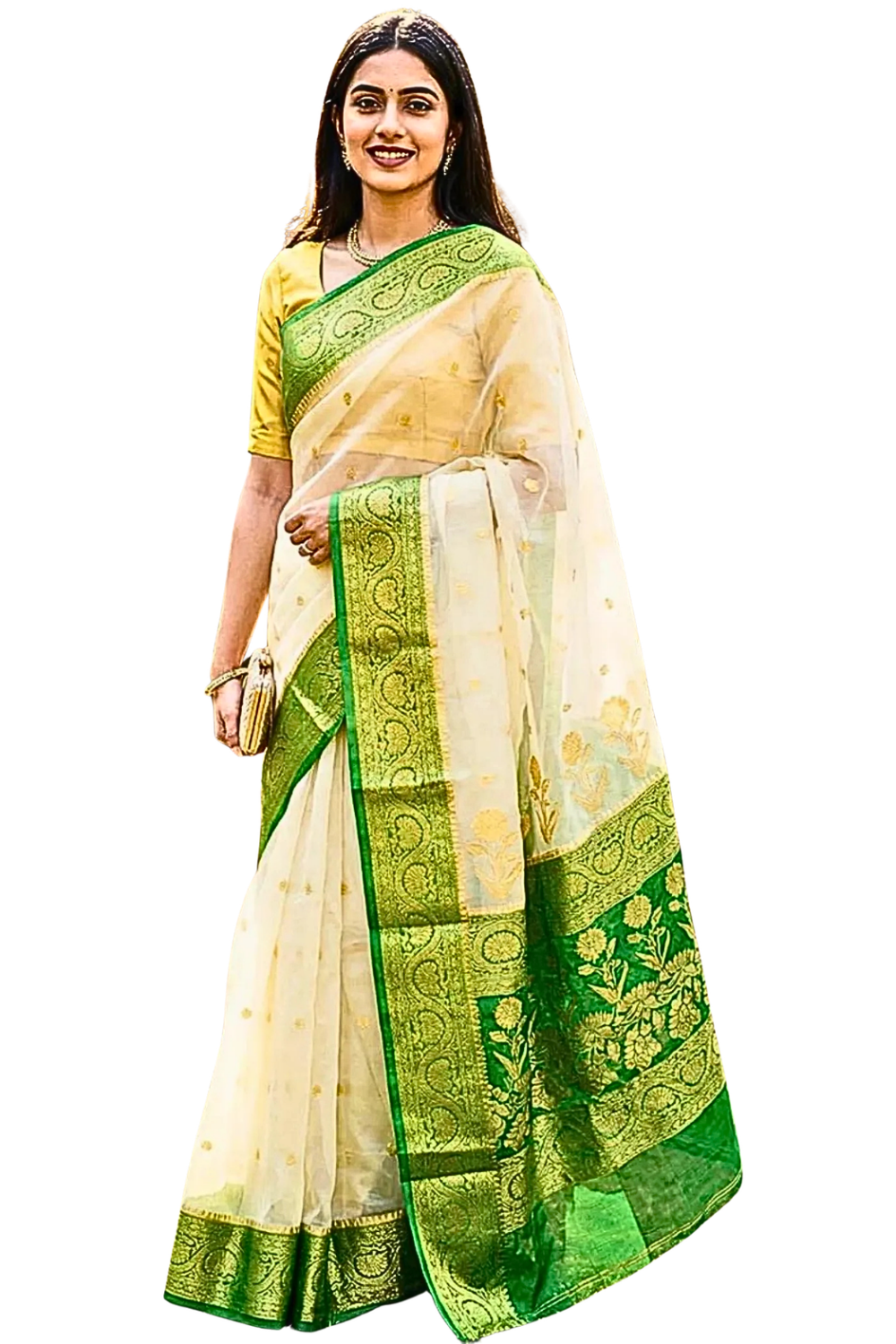 Off-White & Green Banarasi Organza Saree with Zari Border – Perfect for Summer Weddings