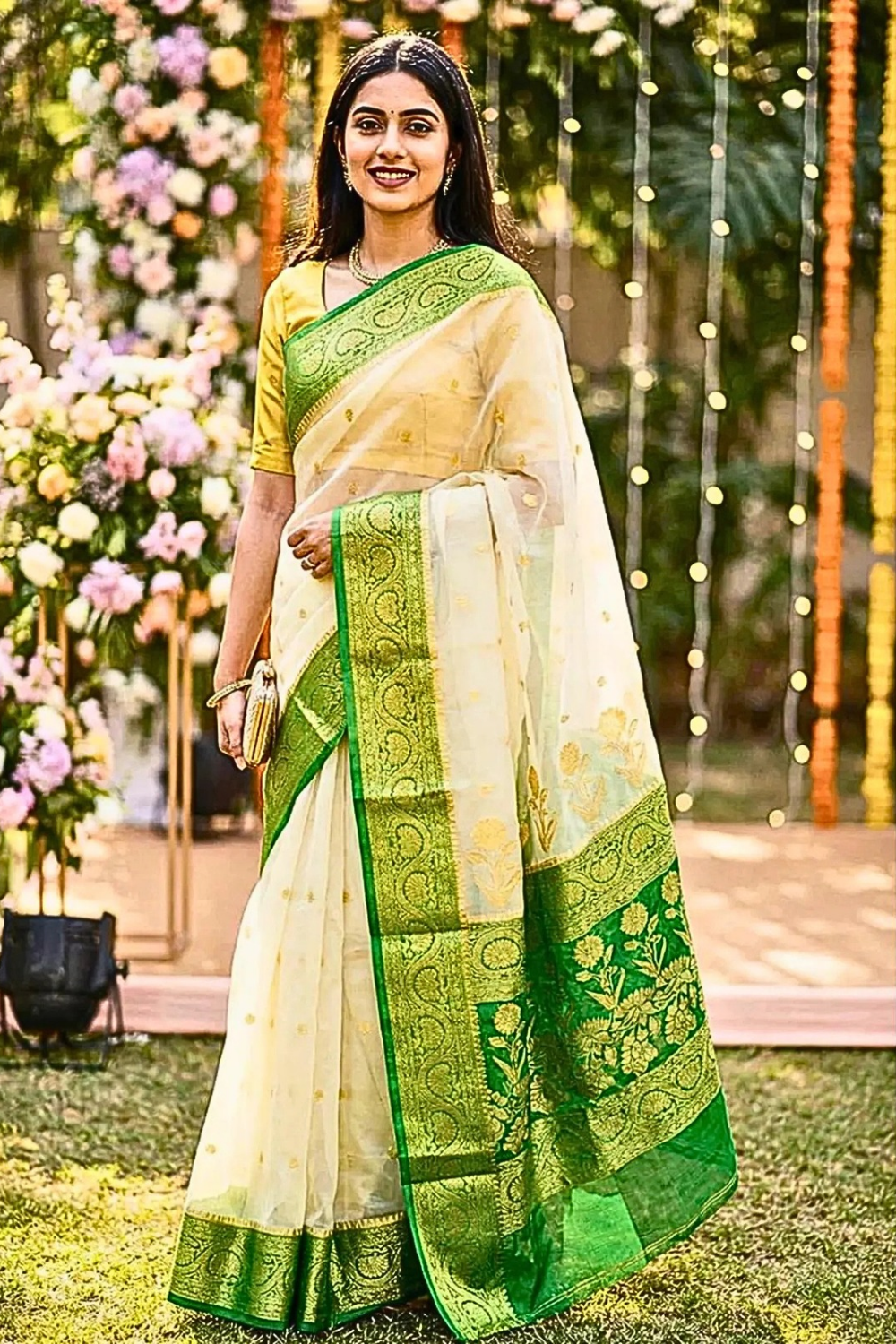 Off-White & Green Banarasi Organza Saree with Zari Border – Perfect for Summer Weddings