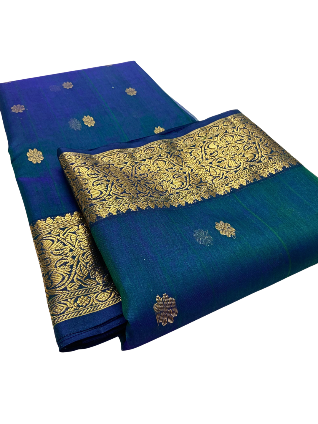 Pure Silk Chanderi Saree in Blue Green Dual Tone with Gold Zari | Wedding & Festive Wear