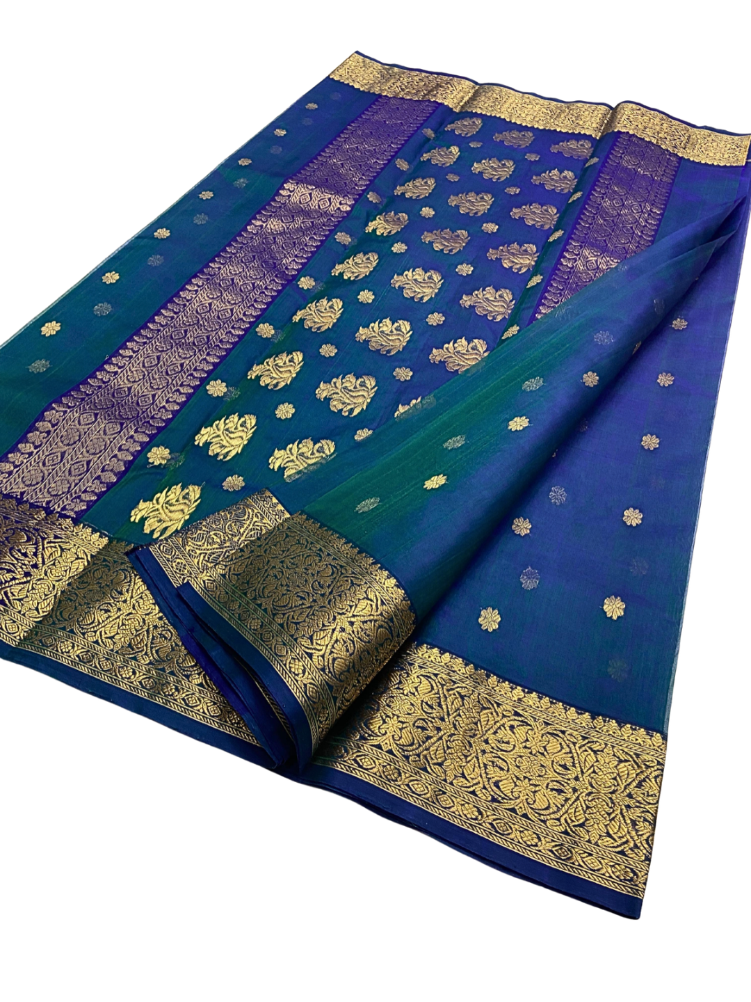 Pure Silk Chanderi Saree in Blue Green Dual Tone with Gold Zari | Wedding & Festive Wear