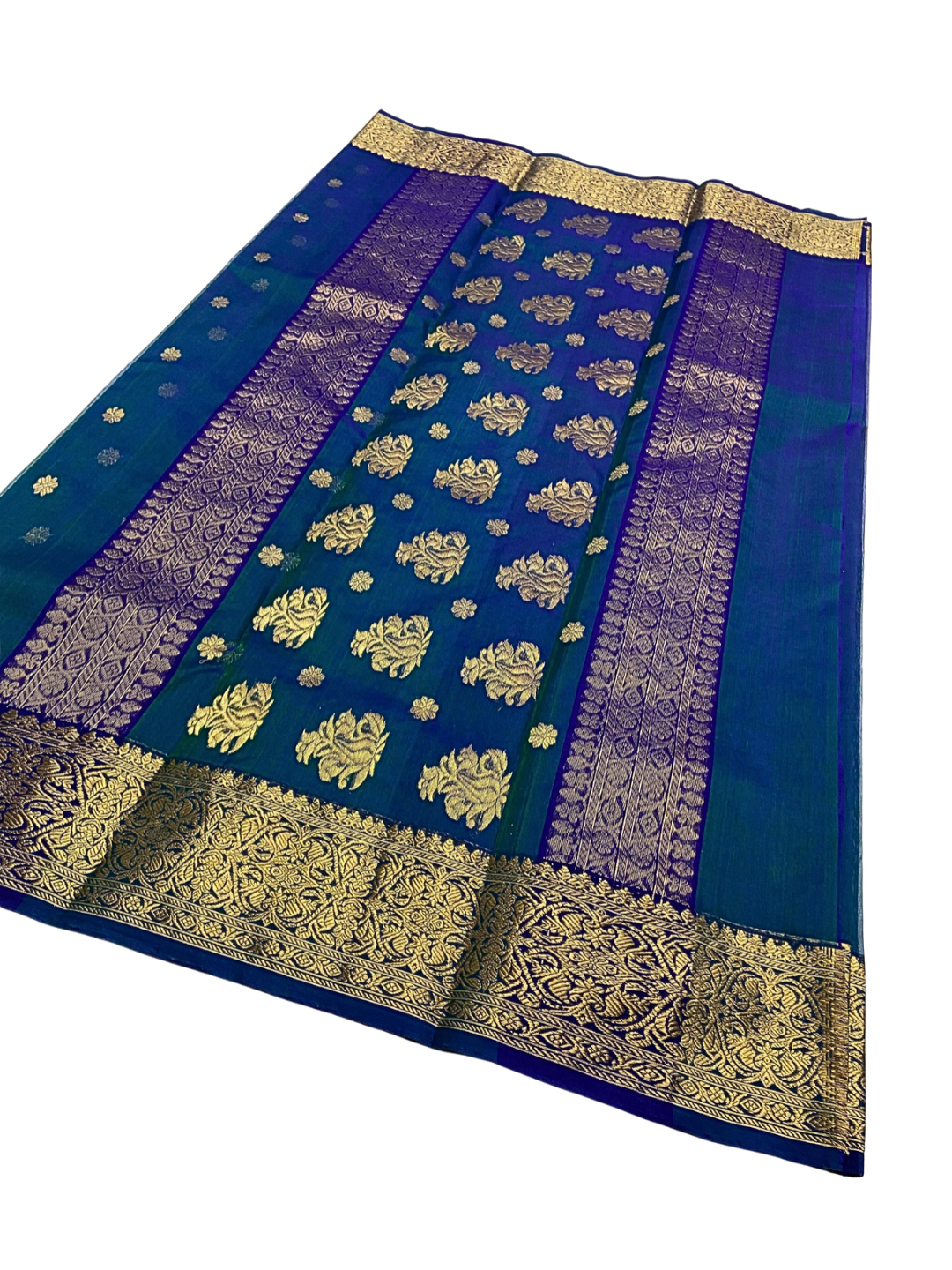 Pure Silk Chanderi Saree in Blue Green Dual Tone with Gold Zari | Wedding & Festive Wear