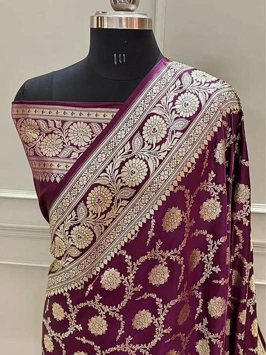 Mashru Silk Banarasi Saree with Rich Floral Zari Border | Wedding & Festive Wear