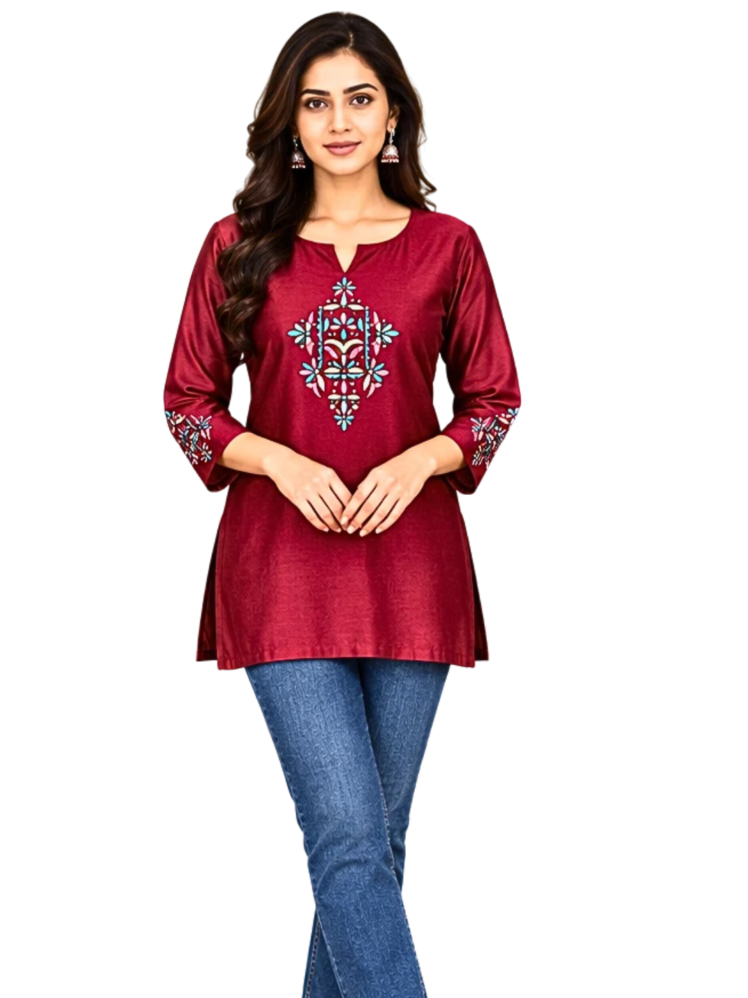Burgundy Embroidered Kurti for Women | Festive Kurtis Short
