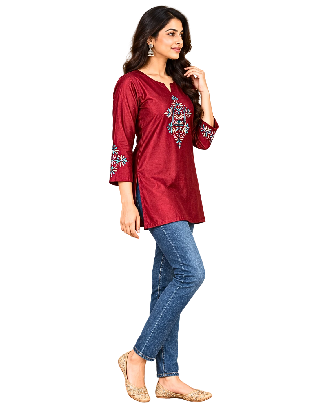 Burgundy Embroidered Kurti for Women | Festive Kurtis Short