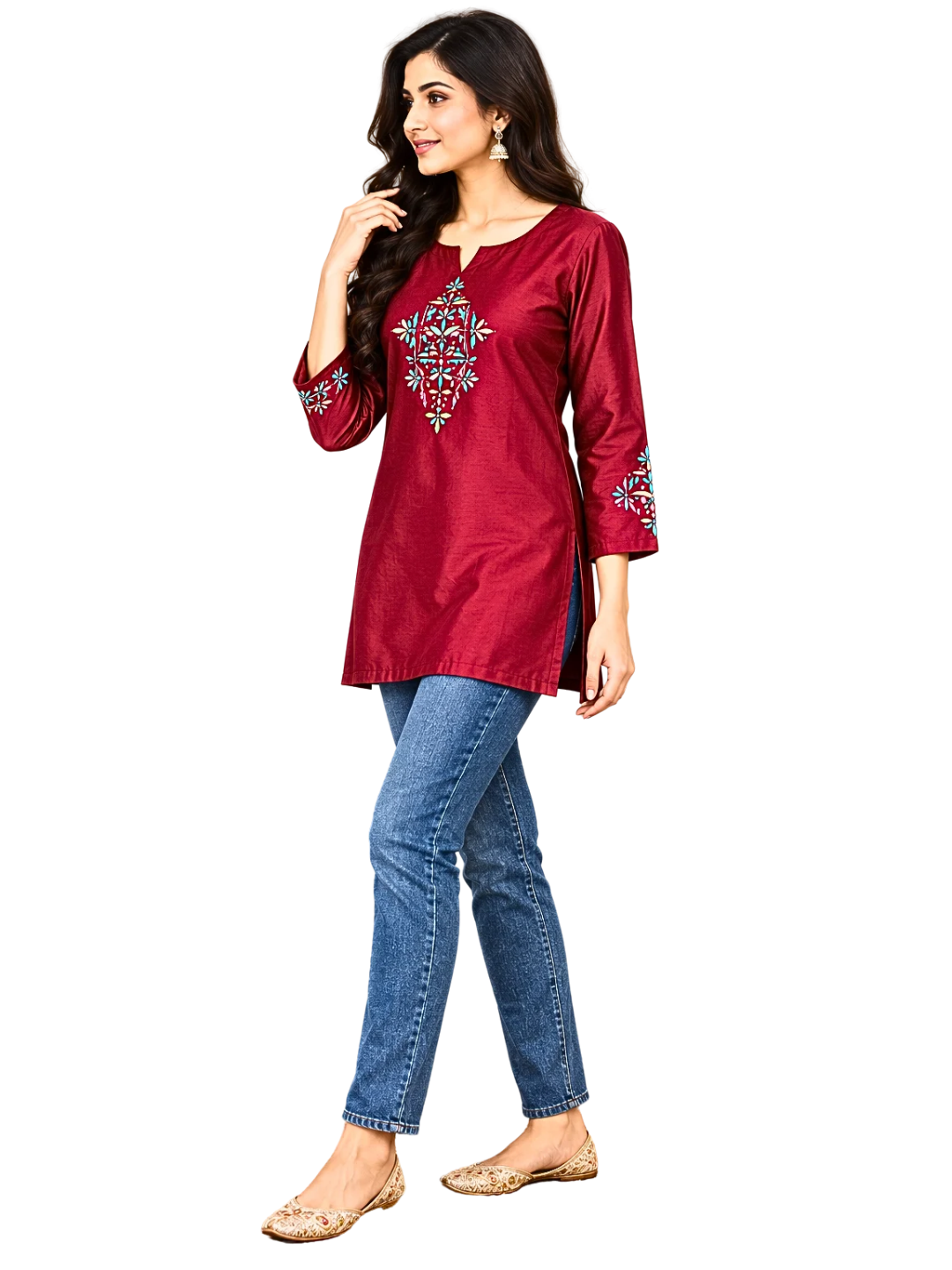 Burgundy Embroidered Kurti for Women | Festive Kurtis Short