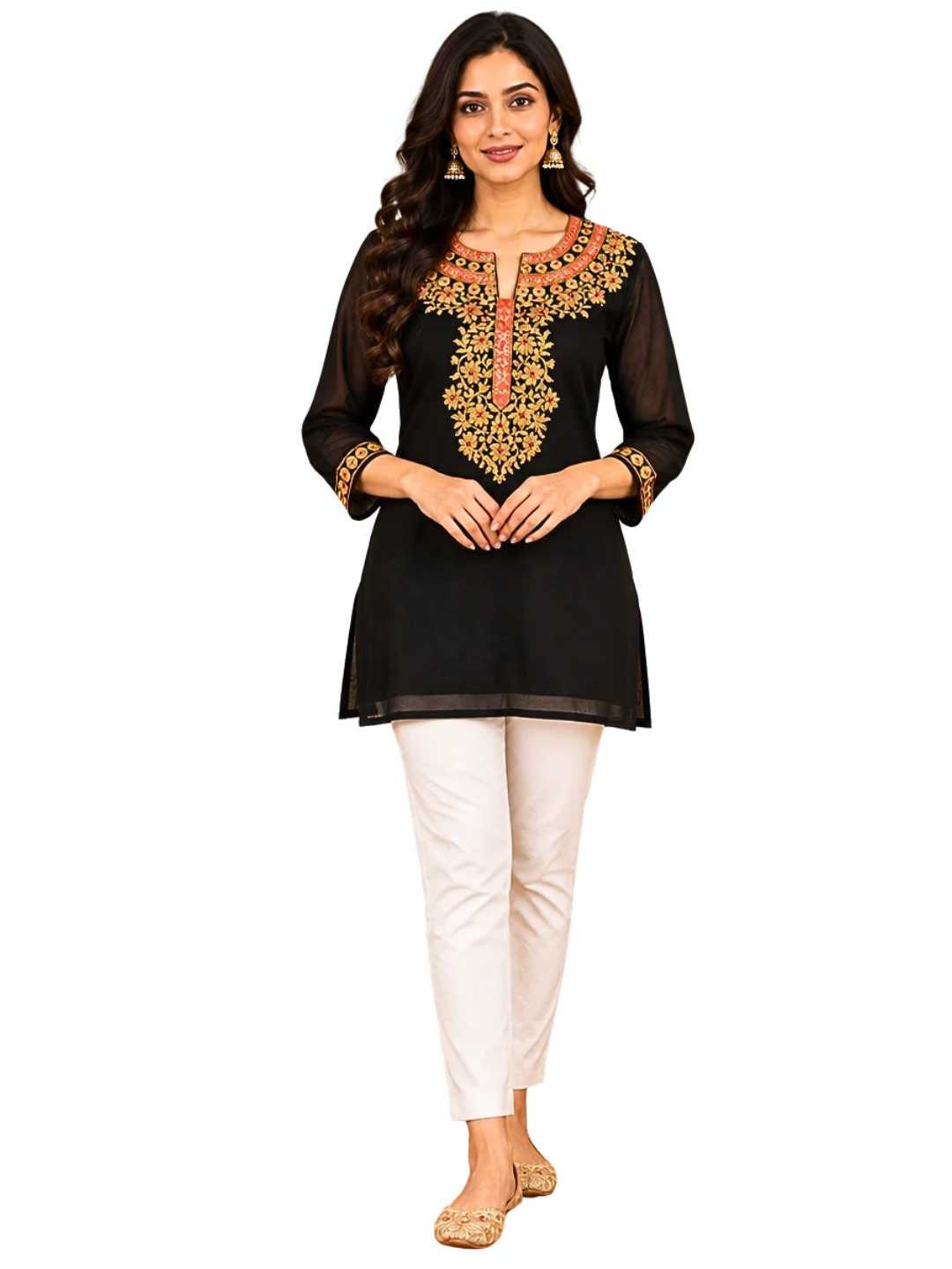 Black Georgette Embroidered Kurti  ,Black Summer Top , Black Boho Top