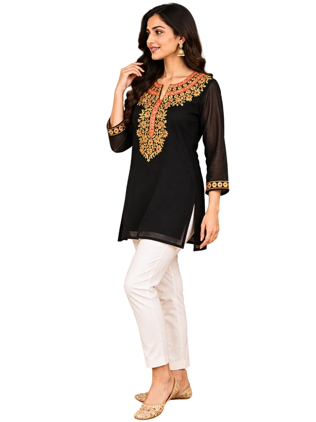 Black Georgette Embroidered Kurti  ,Black Summer Top , Black Boho Top