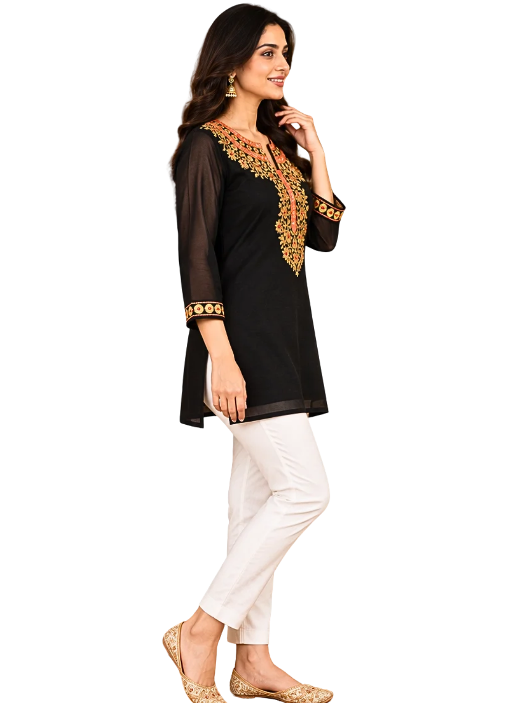 Black Georgette Embroidered Kurti  ,Black Summer Top , Black Boho Top