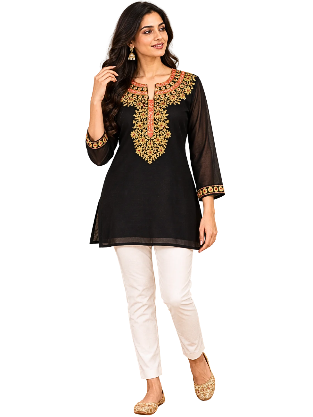 Black Georgette Embroidered Kurti  ,Black Summer Top , Black Boho Top